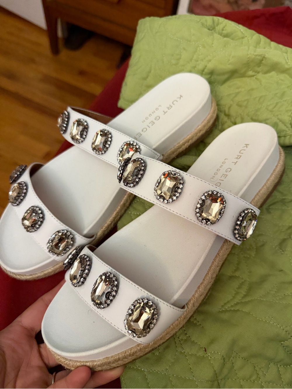 Kurt Geiger White Jeweled Espadrille Slide Sandals